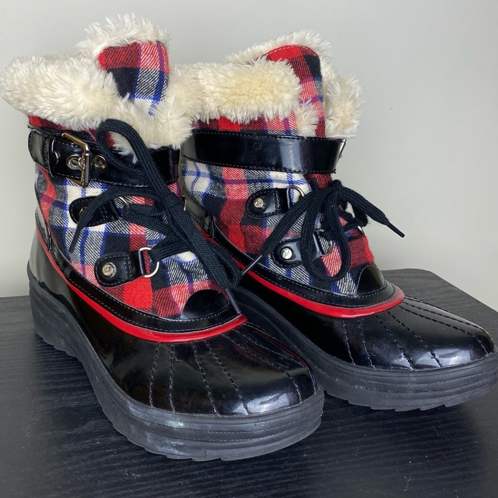 Anne Klein Sport Plaid Ankle Boots with Faux Fur
